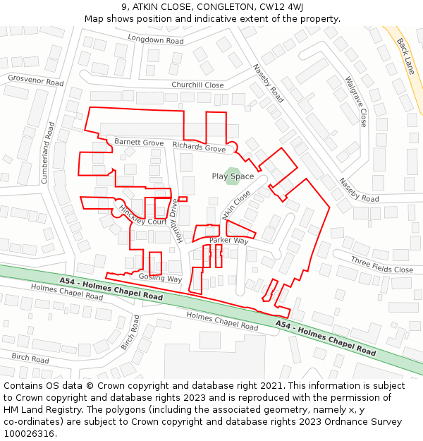 9, ATKIN CLOSE, CONGLETON, CW12 4WJ: Location map and indicative extent of plot