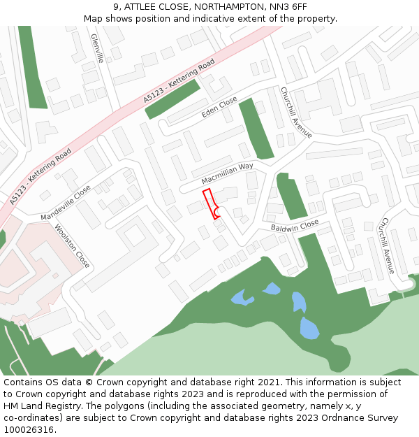 9, ATTLEE CLOSE, NORTHAMPTON, NN3 6FF: Location map and indicative extent of plot