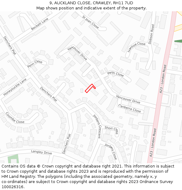 9, AUCKLAND CLOSE, CRAWLEY, RH11 7UD: Location map and indicative extent of plot