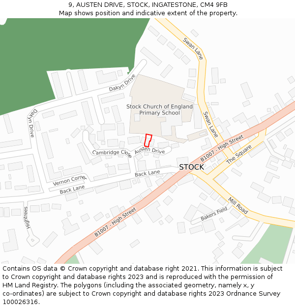 9, AUSTEN DRIVE, STOCK, INGATESTONE, CM4 9FB: Location map and indicative extent of plot