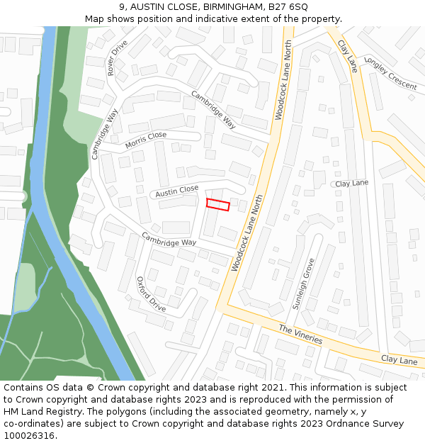 9, AUSTIN CLOSE, BIRMINGHAM, B27 6SQ: Location map and indicative extent of plot