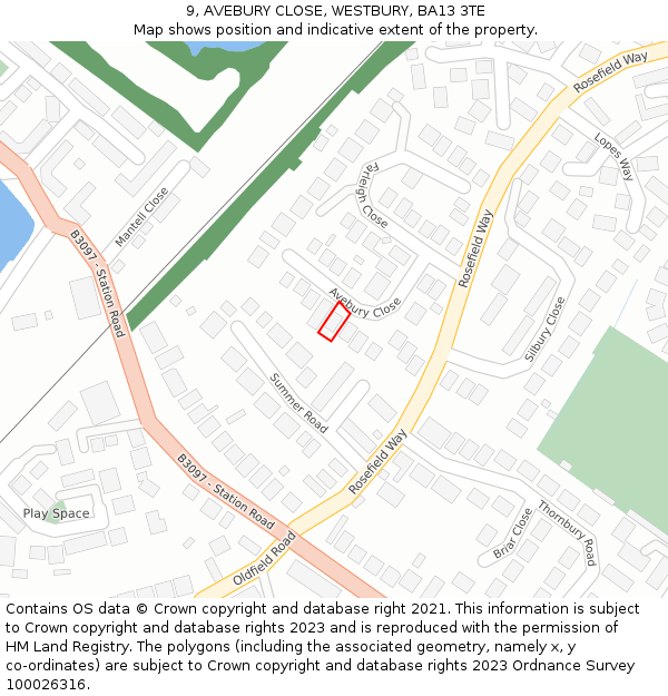 9, AVEBURY CLOSE, WESTBURY, BA13 3TE: Location map and indicative extent of plot