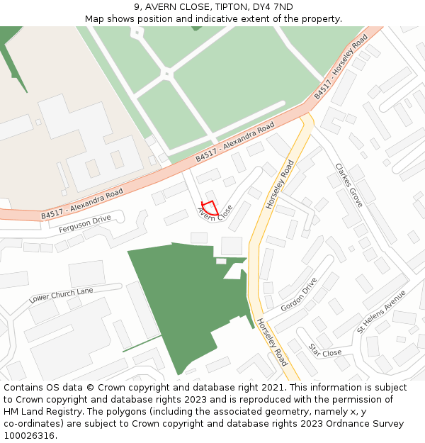 9, AVERN CLOSE, TIPTON, DY4 7ND: Location map and indicative extent of plot