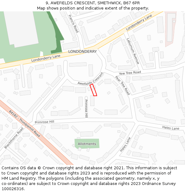 9, AWEFIELDS CRESCENT, SMETHWICK, B67 6PR: Location map and indicative extent of plot