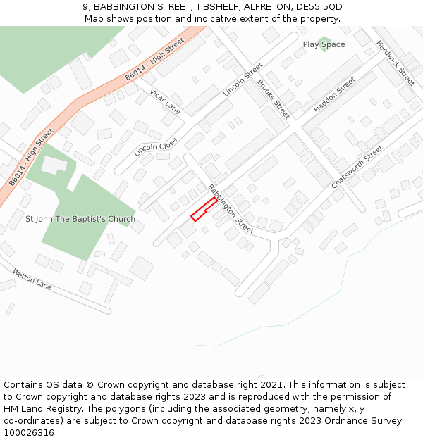 9, BABBINGTON STREET, TIBSHELF, ALFRETON, DE55 5QD: Location map and indicative extent of plot