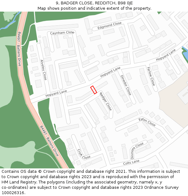 9, BADGER CLOSE, REDDITCH, B98 0JE: Location map and indicative extent of plot