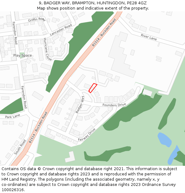 9, BADGER WAY, BRAMPTON, HUNTINGDON, PE28 4GZ: Location map and indicative extent of plot