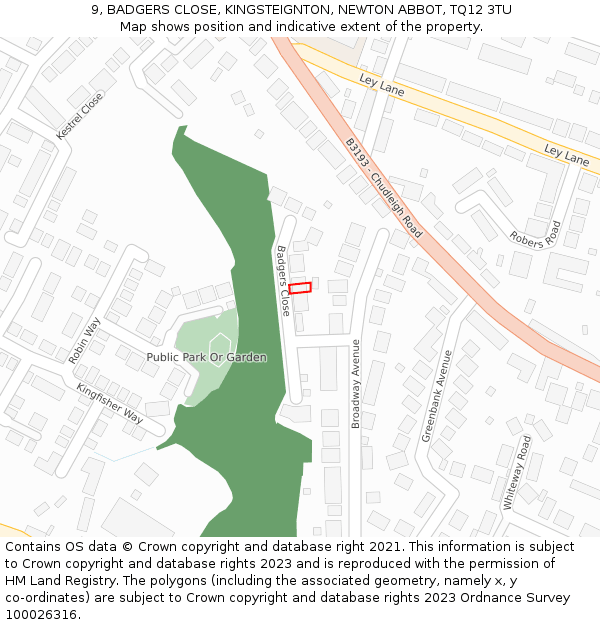 9, BADGERS CLOSE, KINGSTEIGNTON, NEWTON ABBOT, TQ12 3TU: Location map and indicative extent of plot