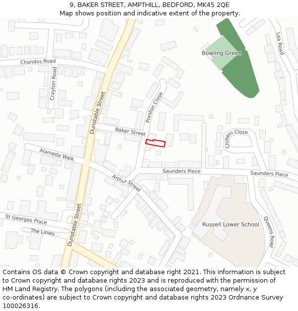 9, BAKER STREET, AMPTHILL, BEDFORD, MK45 2QE: Location map and indicative extent of plot