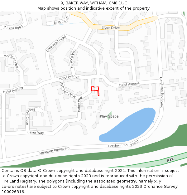 9, BAKER WAY, WITHAM, CM8 1UG: Location map and indicative extent of plot