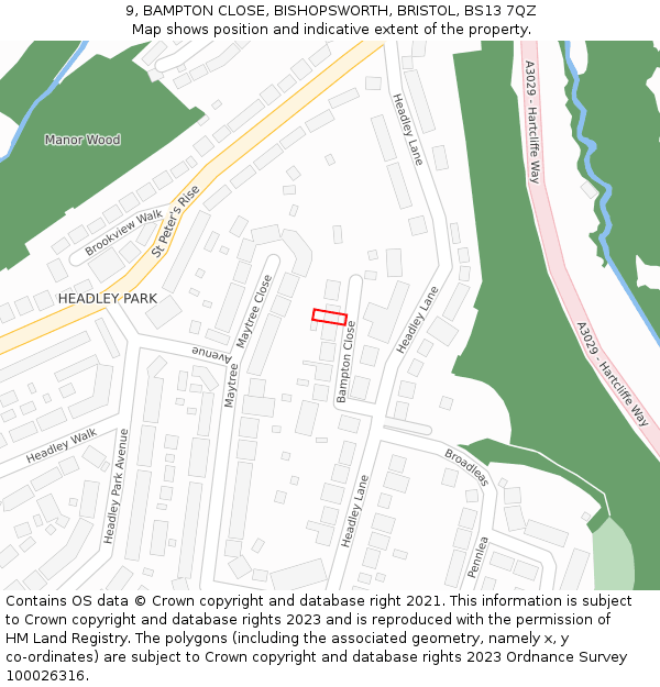 9, BAMPTON CLOSE, BISHOPSWORTH, BRISTOL, BS13 7QZ: Location map and indicative extent of plot