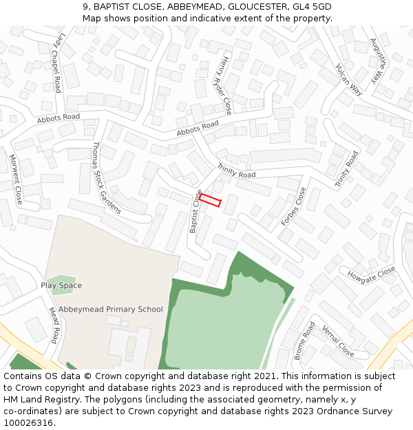 9, BAPTIST CLOSE, ABBEYMEAD, GLOUCESTER, GL4 5GD: Location map and indicative extent of plot