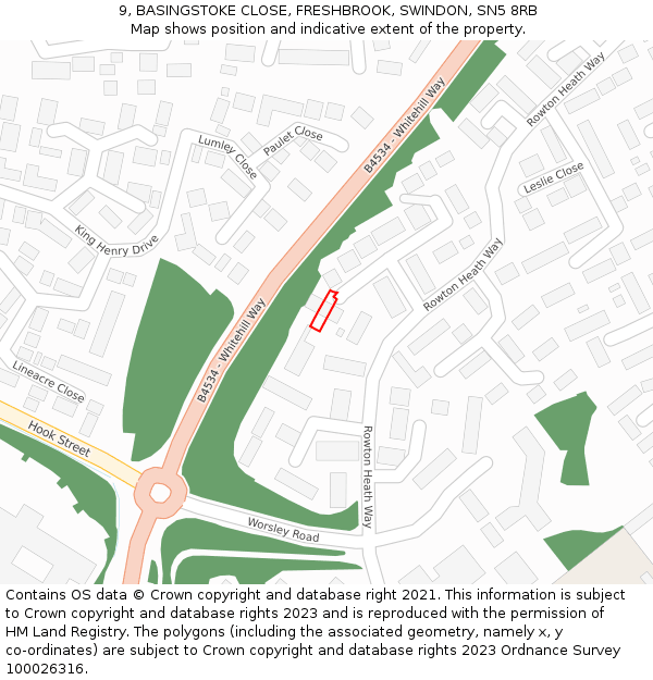 9, BASINGSTOKE CLOSE, FRESHBROOK, SWINDON, SN5 8RB: Location map and indicative extent of plot