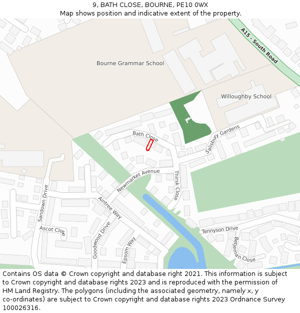 9, BATH CLOSE, BOURNE, PE10 0WX: Location map and indicative extent of plot