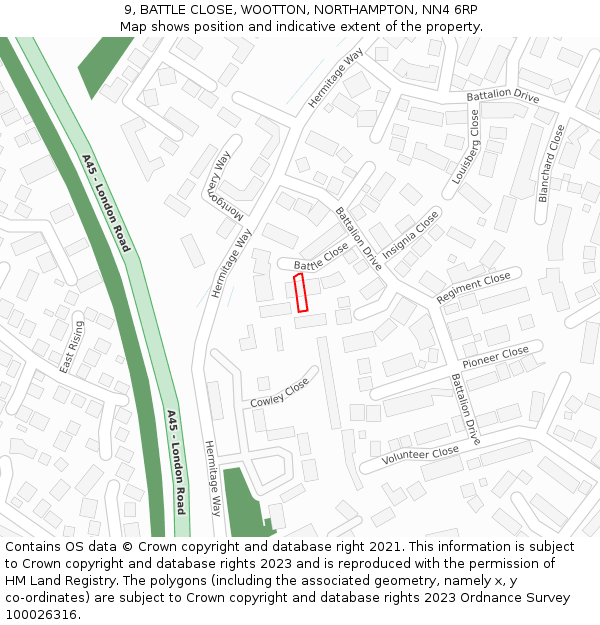 9, BATTLE CLOSE, WOOTTON, NORTHAMPTON, NN4 6RP: Location map and indicative extent of plot