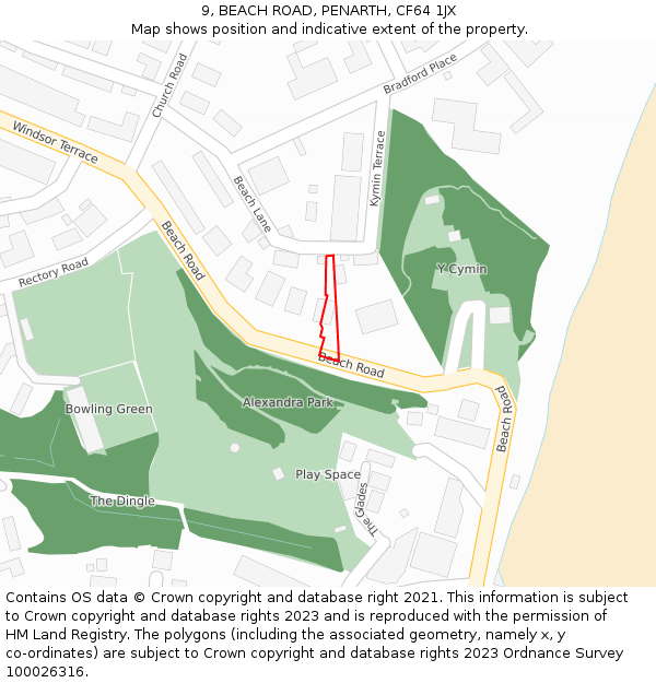9, BEACH ROAD, PENARTH, CF64 1JX: Location map and indicative extent of plot