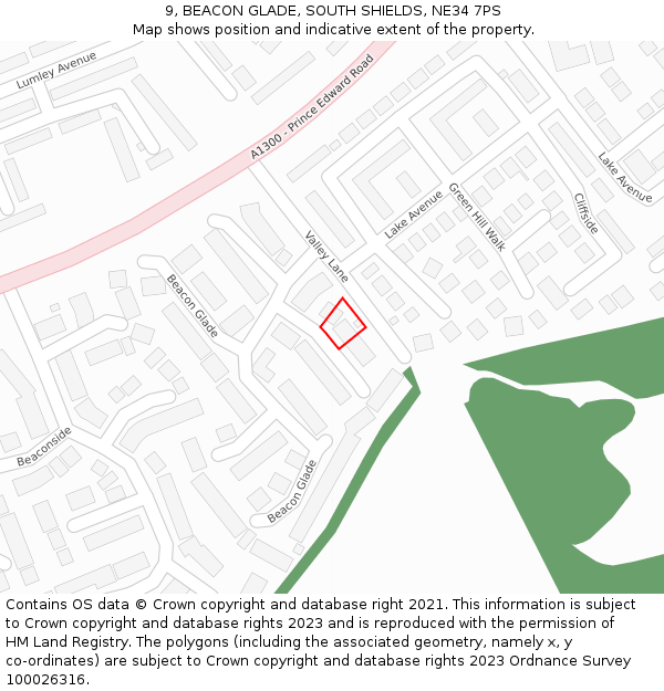 9, BEACON GLADE, SOUTH SHIELDS, NE34 7PS: Location map and indicative extent of plot