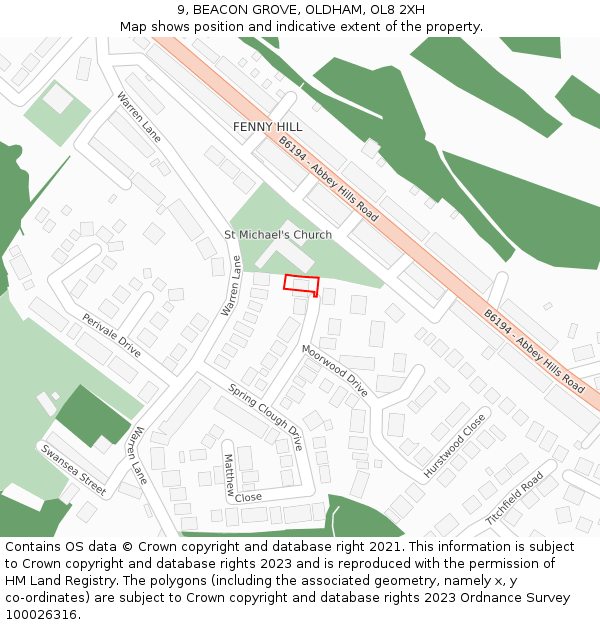 9, BEACON GROVE, OLDHAM, OL8 2XH: Location map and indicative extent of plot