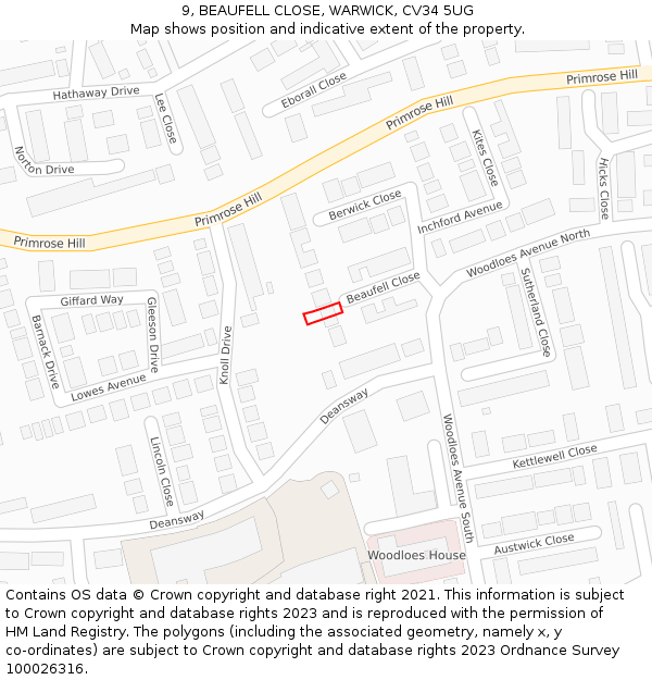9, BEAUFELL CLOSE, WARWICK, CV34 5UG: Location map and indicative extent of plot