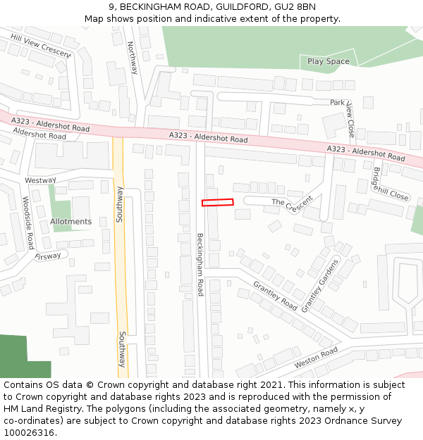 9, BECKINGHAM ROAD, GUILDFORD, GU2 8BN: Location map and indicative extent of plot