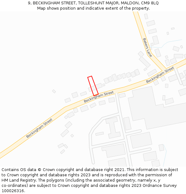 9, BECKINGHAM STREET, TOLLESHUNT MAJOR, MALDON, CM9 8LQ: Location map and indicative extent of plot