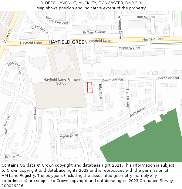 9, BEECH AVENUE, AUCKLEY, DONCASTER, DN9 3LX: Location map and indicative extent of plot