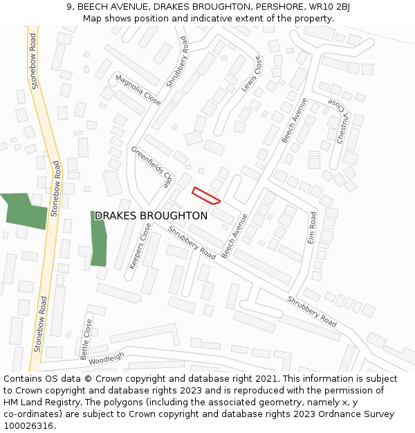 9, BEECH AVENUE, DRAKES BROUGHTON, PERSHORE, WR10 2BJ: Location map and indicative extent of plot