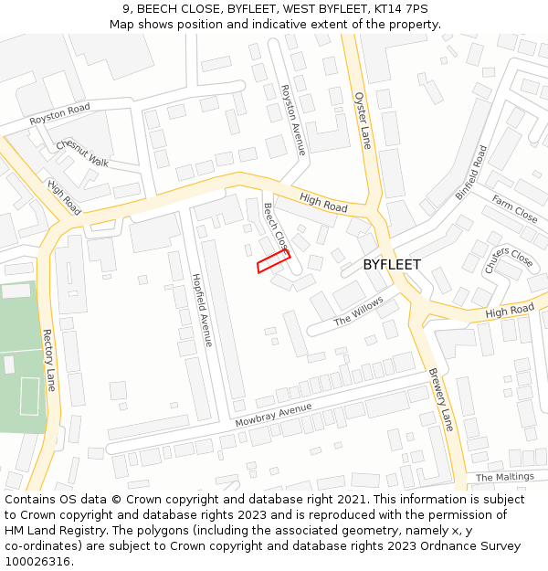9, BEECH CLOSE, BYFLEET, WEST BYFLEET, KT14 7PS: Location map and indicative extent of plot