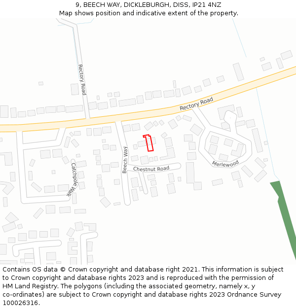 9, BEECH WAY, DICKLEBURGH, DISS, IP21 4NZ: Location map and indicative extent of plot