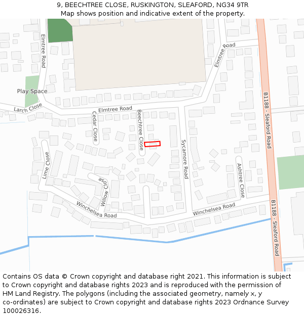 9, BEECHTREE CLOSE, RUSKINGTON, SLEAFORD, NG34 9TR: Location map and indicative extent of plot