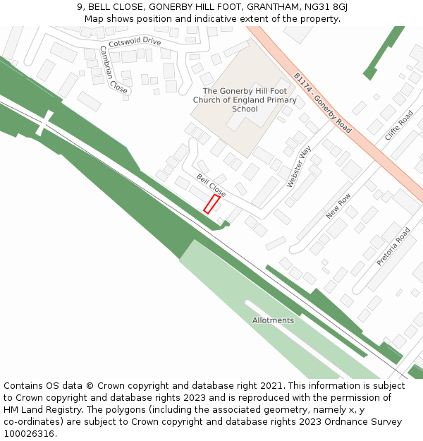 9, BELL CLOSE, GONERBY HILL FOOT, GRANTHAM, NG31 8GJ: Location map and indicative extent of plot