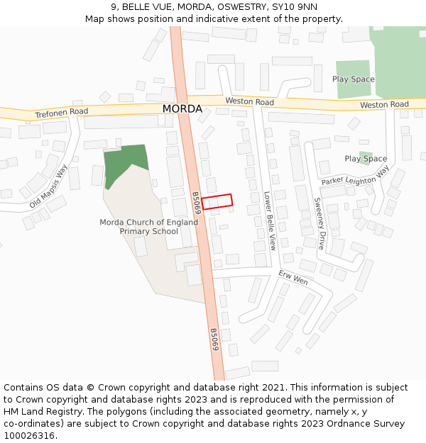 9, BELLE VUE, MORDA, OSWESTRY, SY10 9NN: Location map and indicative extent of plot