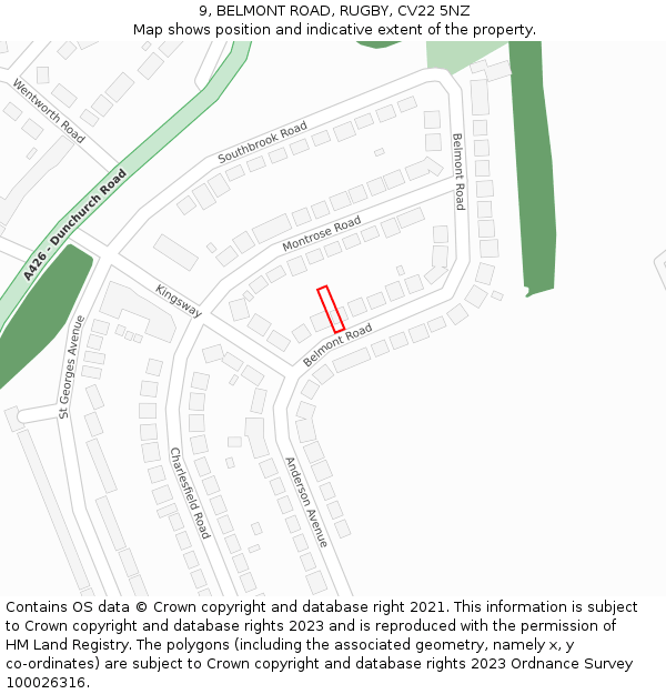 9, BELMONT ROAD, RUGBY, CV22 5NZ: Location map and indicative extent of plot