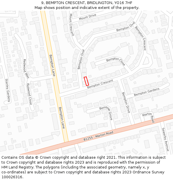 9, BEMPTON CRESCENT, BRIDLINGTON, YO16 7HF: Location map and indicative extent of plot