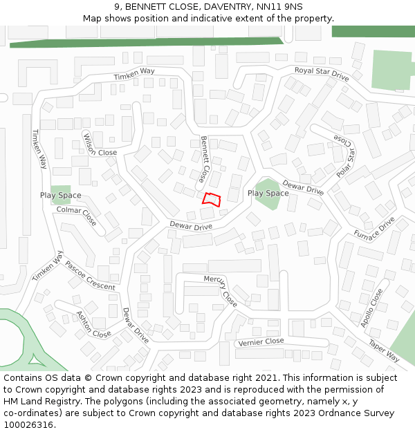 9, BENNETT CLOSE, DAVENTRY, NN11 9NS: Location map and indicative extent of plot