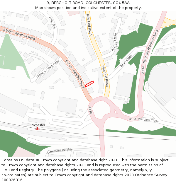 9, BERGHOLT ROAD, COLCHESTER, CO4 5AA: Location map and indicative extent of plot