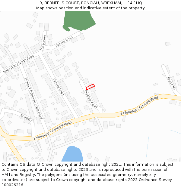 9, BERNFELS COURT, PONCIAU, WREXHAM, LL14 1HQ: Location map and indicative extent of plot