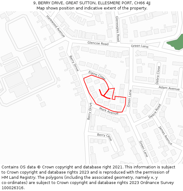 9, BERRY DRIVE, GREAT SUTTON, ELLESMERE PORT, CH66 4JJ: Location map and indicative extent of plot