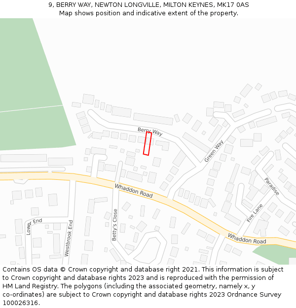 9, BERRY WAY, NEWTON LONGVILLE, MILTON KEYNES, MK17 0AS: Location map and indicative extent of plot