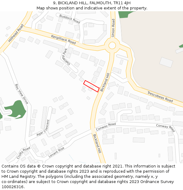 9, BICKLAND HILL, FALMOUTH, TR11 4JH: Location map and indicative extent of plot