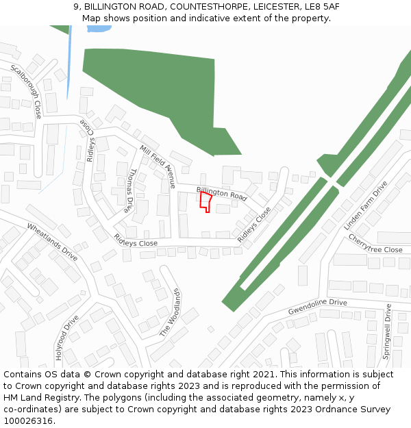 9, BILLINGTON ROAD, COUNTESTHORPE, LEICESTER, LE8 5AF: Location map and indicative extent of plot