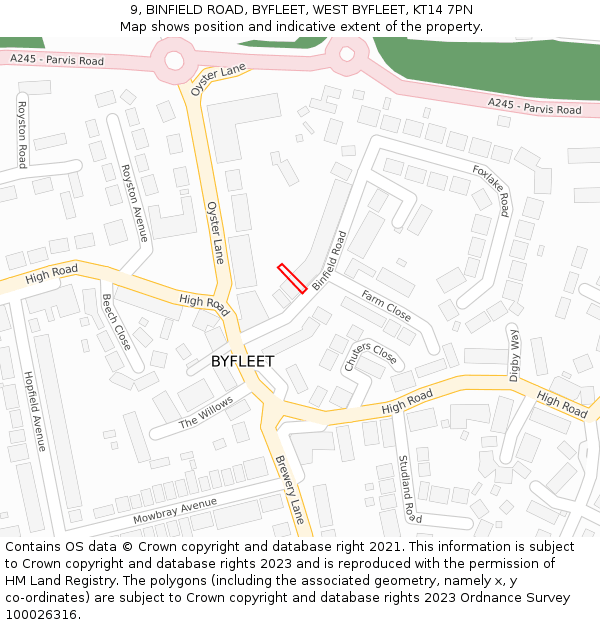 9, BINFIELD ROAD, BYFLEET, WEST BYFLEET, KT14 7PN: Location map and indicative extent of plot