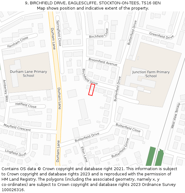 9, BIRCHFIELD DRIVE, EAGLESCLIFFE, STOCKTON-ON-TEES, TS16 0EN: Location map and indicative extent of plot