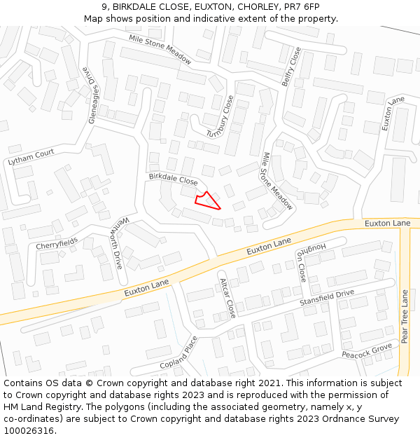 9, BIRKDALE CLOSE, EUXTON, CHORLEY, PR7 6FP: Location map and indicative extent of plot