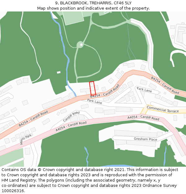 9, BLACKBROOK, TREHARRIS, CF46 5LY: Location map and indicative extent of plot