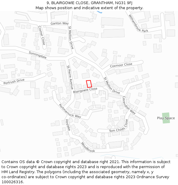 9, BLAIRGOWIE CLOSE, GRANTHAM, NG31 9FJ: Location map and indicative extent of plot