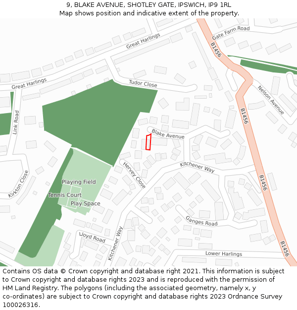 9, BLAKE AVENUE, SHOTLEY GATE, IPSWICH, IP9 1RL: Location map and indicative extent of plot