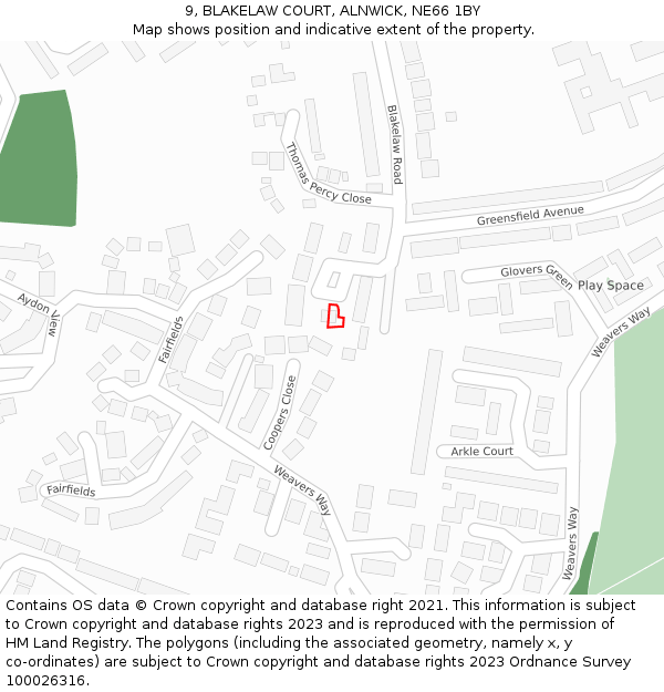 9, BLAKELAW COURT, ALNWICK, NE66 1BY: Location map and indicative extent of plot