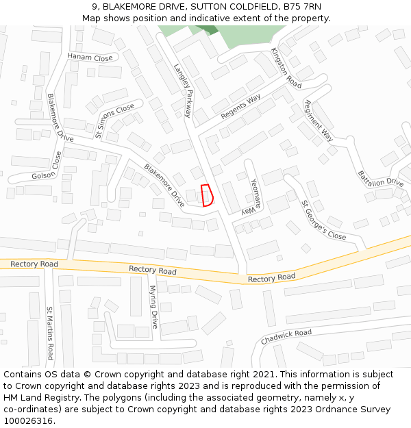 9, BLAKEMORE DRIVE, SUTTON COLDFIELD, B75 7RN: Location map and indicative extent of plot