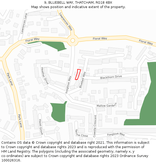 9, BLUEBELL WAY, THATCHAM, RG18 4BX: Location map and indicative extent of plot